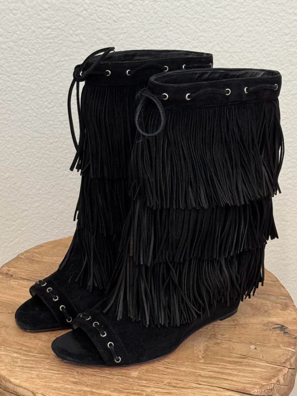 christian louboutin black suede fringe
wedge boots with peep toe